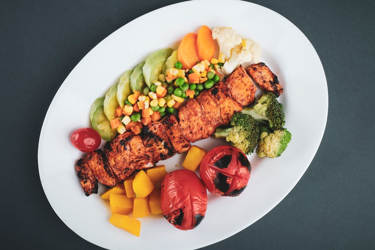 Balanced meal with vegetables, proteins, and whole grains